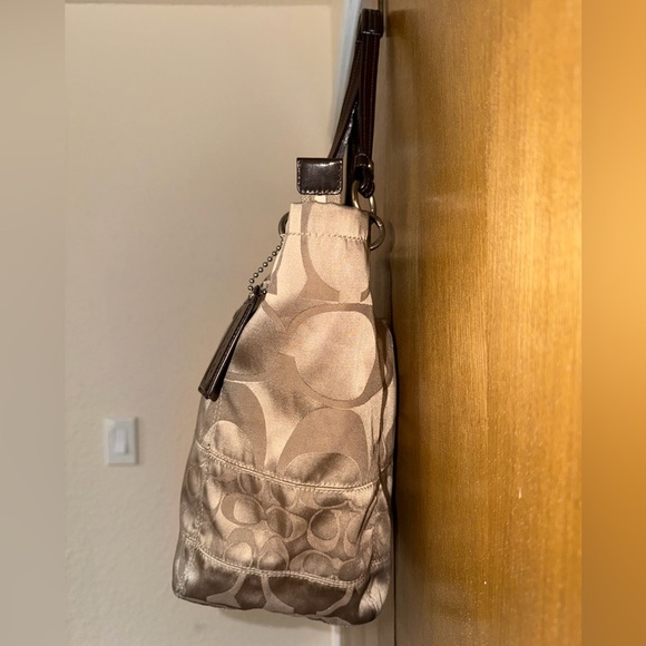 Coach Signature Stripe Khaki Satin Tote Bag Brown Leather Trim Style 14449 - Picture 9 of 16